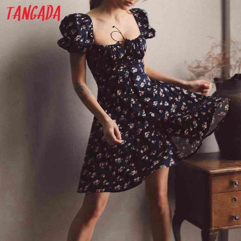 Women Flowers Print Summer Puff Short Sleeve Buttons Ladies Mini Dress Vestidos 8M3 210416