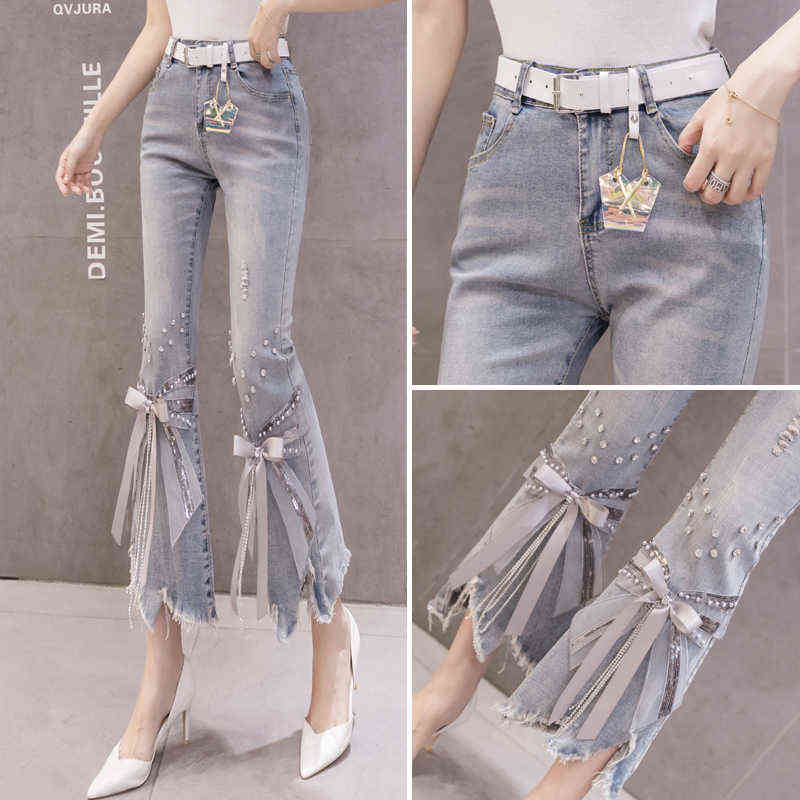 High Waist Jeans Women Ripped Cropped Women's Spring Summer Irregular Beaded Bow Flared Denim Pants Ladies 211129