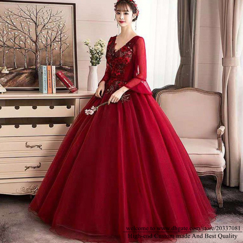 Quinceanera Dresses 2021 Wine Red 3/4 Long Sleeve Princess Party Prom Formal V-Neck Appliques Organza Ball Gown Lace Up Vestidos De 15 Anos Q04