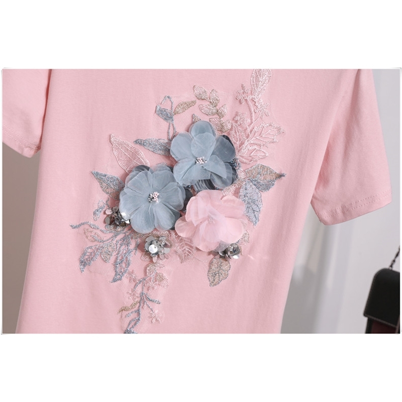 Summer Embroidery Beading Flower T Shirts Women O-Neck Short Sleeve Girl Tops T-shirts Floral Tee Shirt 210519