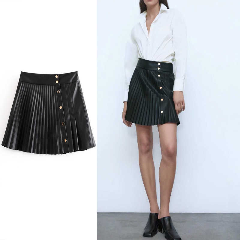 Za Mini Pleated Leatherette Skirt Women Front Metal Snap Button Skirts Female Elegant Faux Leather Sexy Short Skirt 210602, Black 
Za Mini Pleated Leatherette Skirt Women Front Metal Snap Button Skirts Female Elegant Faux Leather Sexy Short Skirt 210602, Black