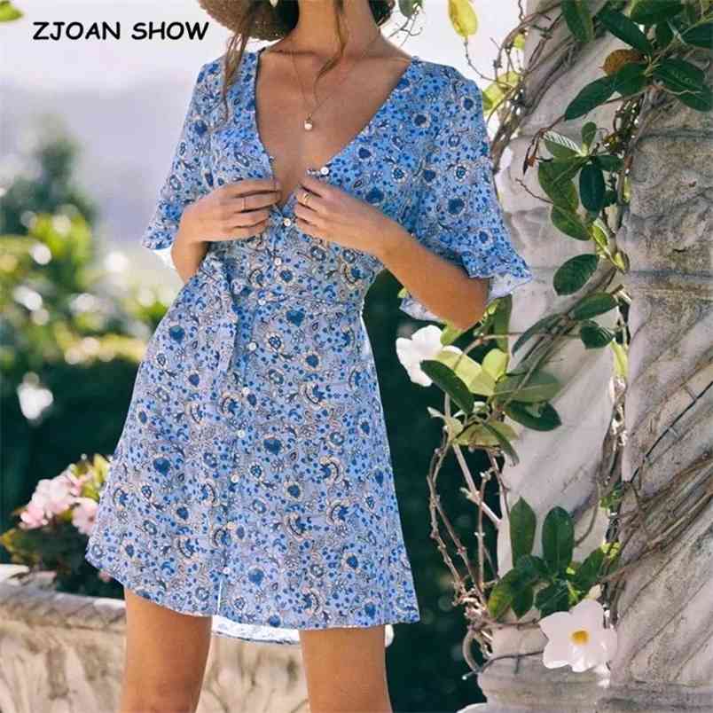 Bohemia Tie Bow Sashes V neck Floral Print wood ears Short Sleeve Mini Dress Hippie Woman Holiday Dresses BOHO Vestidos 210429