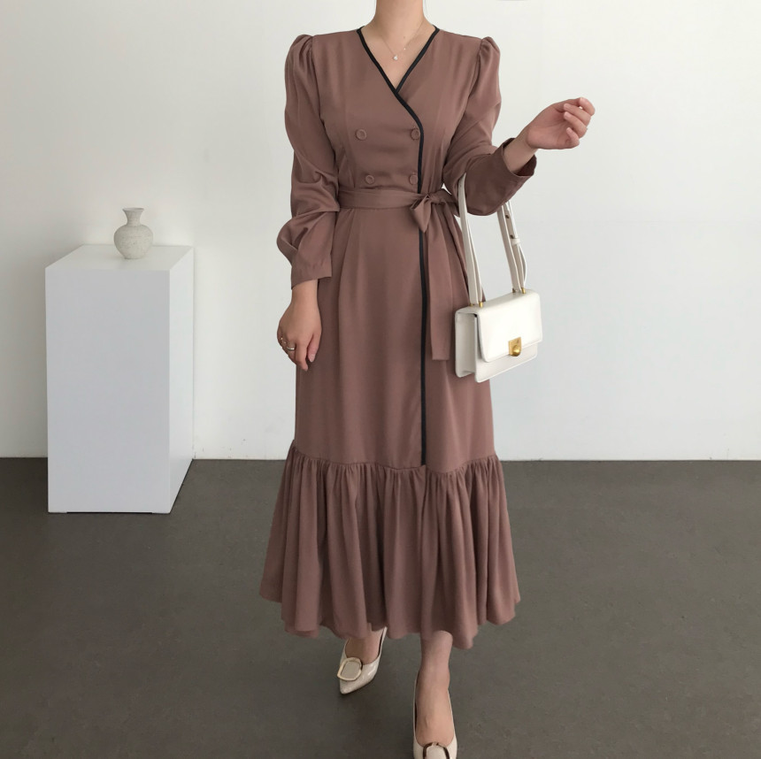 Formal Lace-up Elegant Dress Women Autumn Minimalist Fashion OL Double Breasted V-neck es Vestidos 210421