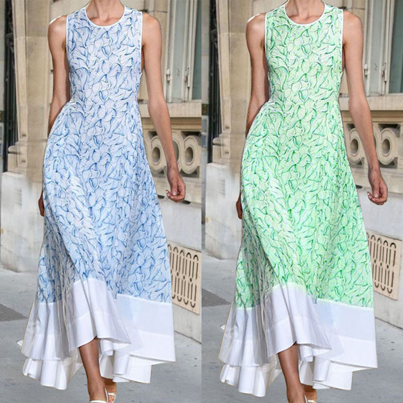 Women Dress Sleeveless Color Matching Printing Dresses Plus Size Long Sexy Bohemian For Fashion 210513