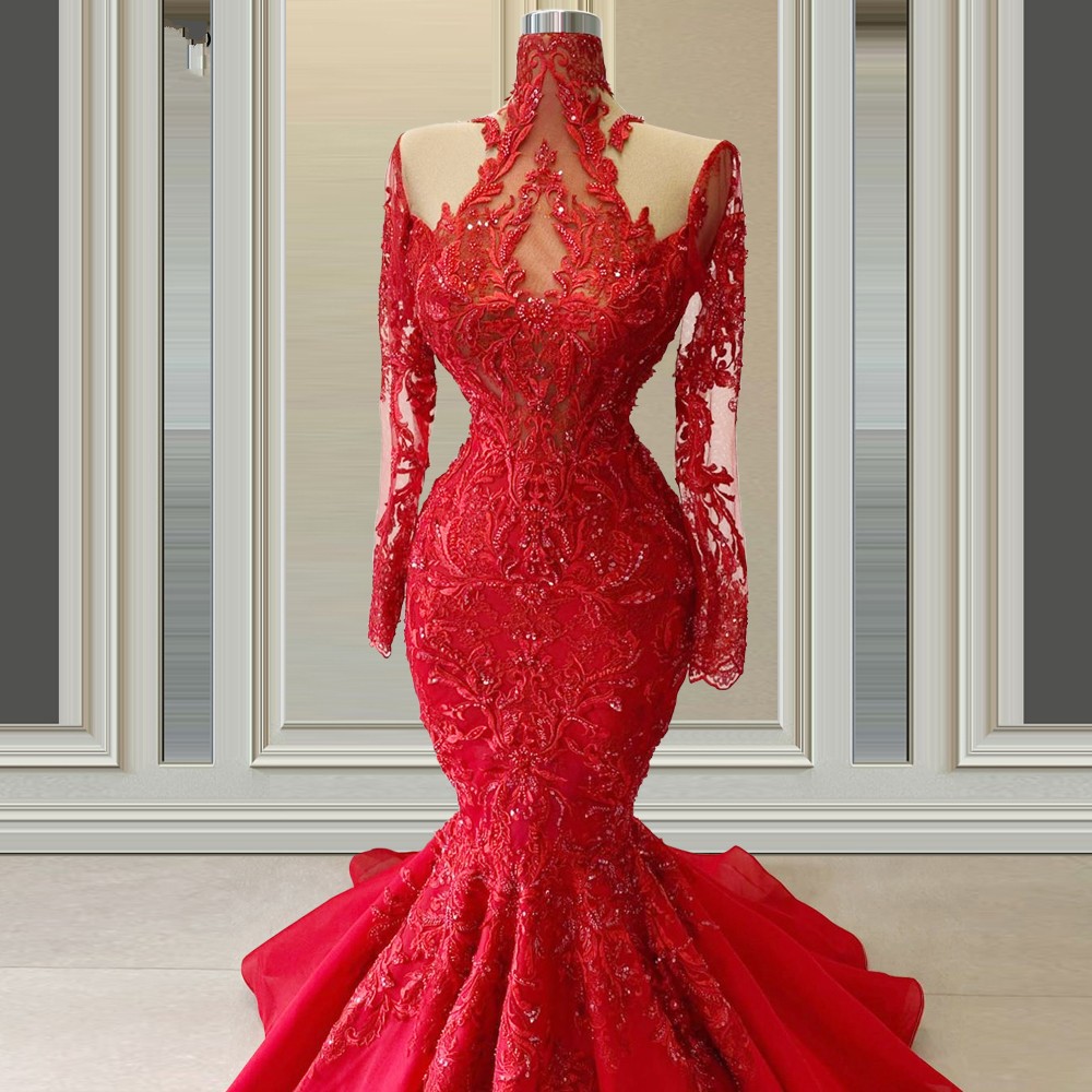 Plus Size Red Mermaid Wedding Dresses 2022 Illusion Long Sleeves Lace Vestido De Noiva High Neck Formal Bridal Gowns