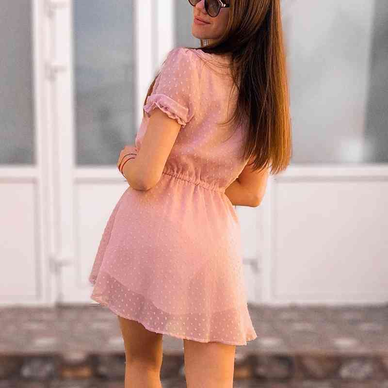 vintage women pink flocking dress summer fashion ladies elegant boho es party female sweet cute girls chic 210430