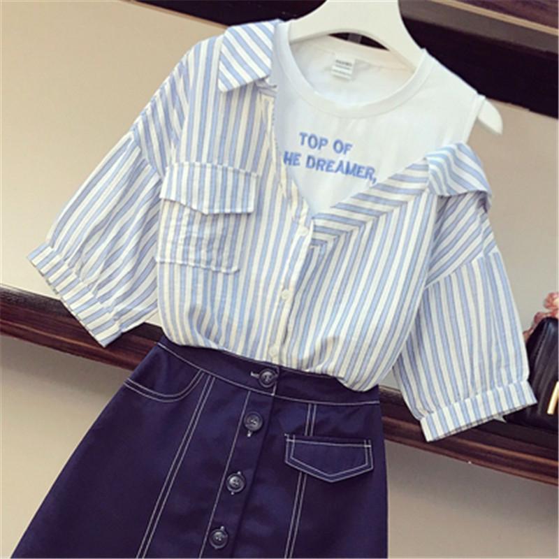 Fashion Runway Summer Girl Two Pieces Set Letters Embroidery Off Shoulder Striped Blouse Shirt+Mini Short Skirts Suits Female Piece Dress