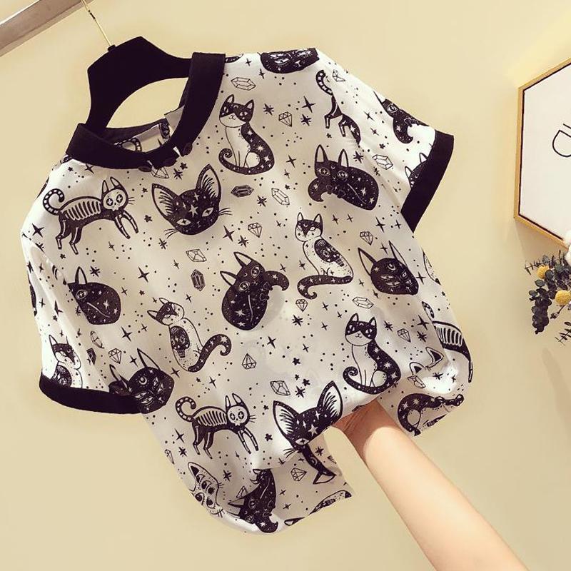 Plus Size S-4XL Chiffon Blouse Women Casual Loose S Sleeve Tops Shirt Cute Kawaii Cat Print Blusas Mujer 210519