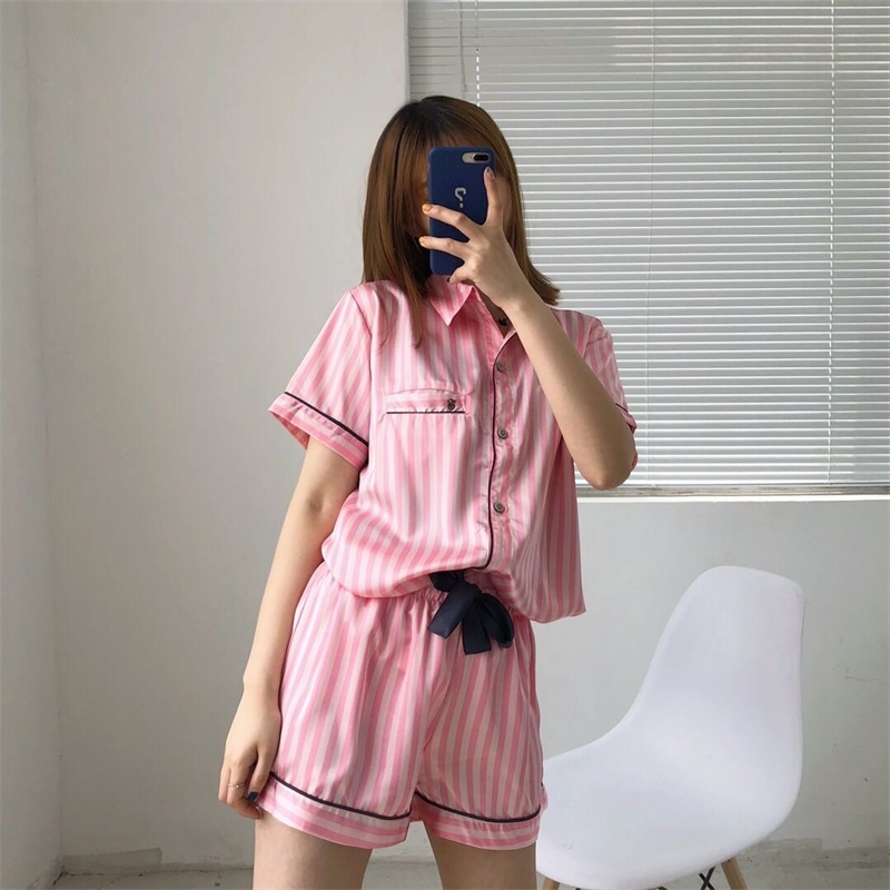 Satin Pajamas for Women Summer Short Pijama Sleepwear Striped Silk Ladies Pyjamas Pjs Night Wear Loungewear Home Suits 210330