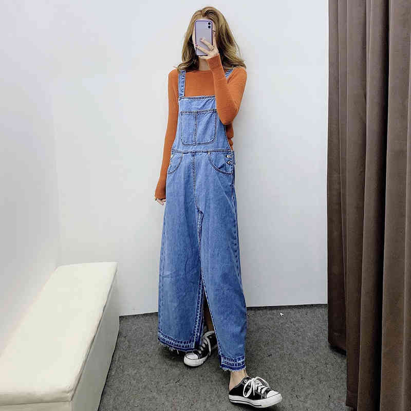 Women Denim Long Dresses High Street Split Spaghetti Strap Cowboy Dress A Line Sleeveless Casual Pockets Dress Vestidos 210414