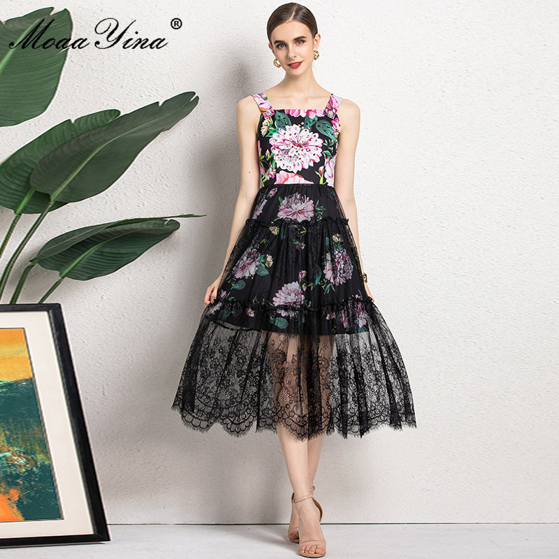 Fashion Designer Summer Women' Spaghetti Strap Dress High waist Beading Floral print Black Lace Splice Midi Vacation 210524
Fashion Designer Summer Women' Spaghetti Strap Dress High waist Beading Floral print Black Lace Splice Midi Vacation 210524