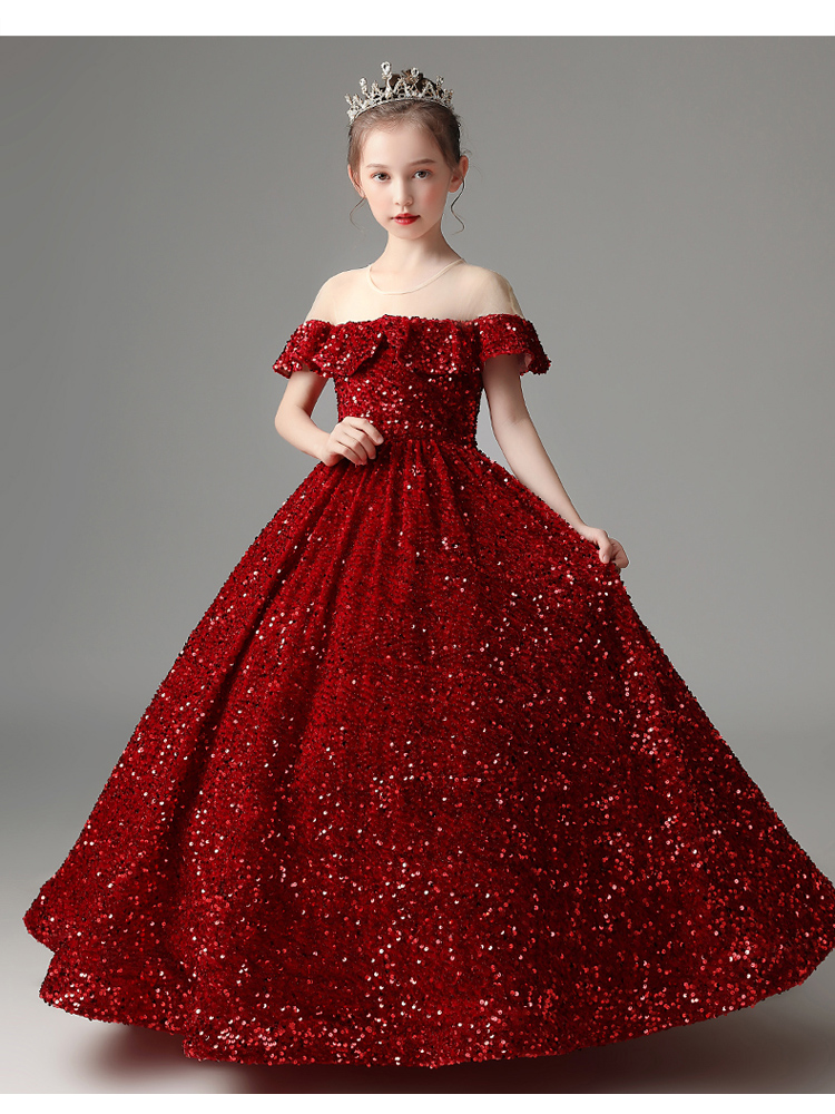 Eye Catching Burgundy Spakling Sequins Flower's Dresses Sheer Neckline Floor Length Ball Gown Girl's Party Dress
