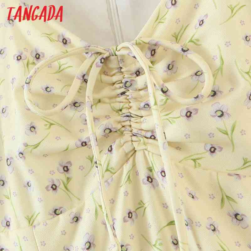 Summer Women Yellow Flowers Print Pleated Square Neck Short Sleeve Ladies Mini Dress 8M2 210416