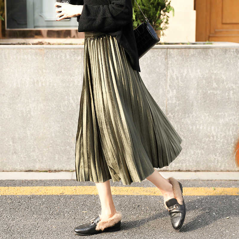 Pleated Skirt Women Autumn Long Vintage Gray Korean Maxi High Waist Casual Winter Black Party School Girl Velvet 210619