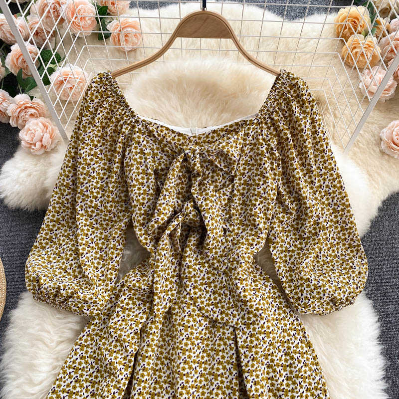 DEAT Women Printing Dress Square Collar Three Quarter Sleeve Arrivals Lady Temperament Fashion Spring Summer 11D562 210709