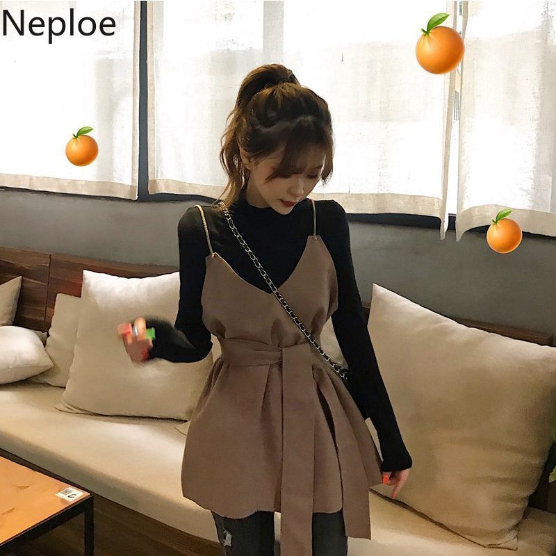 Neploe Two Piece Outfits for Women Half Turtleneck Knitted Pullovers Lace Up Slim Waist Sling Vest Femme Roupas 2 Piece Set 210422