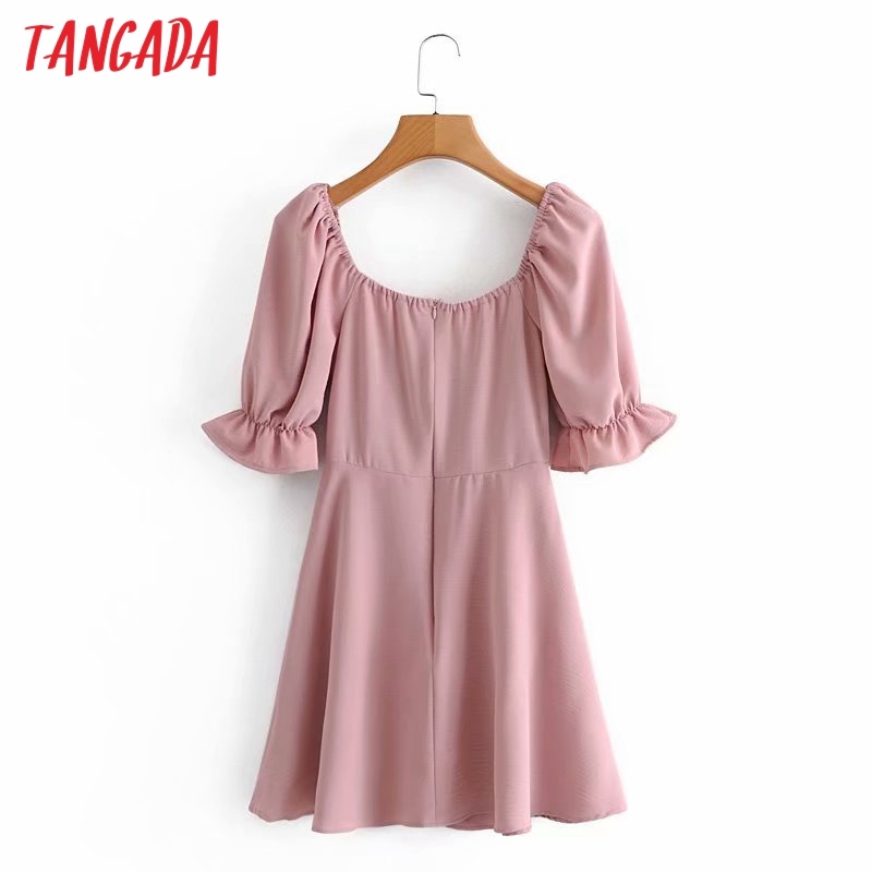 Summer Women French Style Pink Puff Short Sleeve Ladies Mini Dress Vestidos 5D30 210416