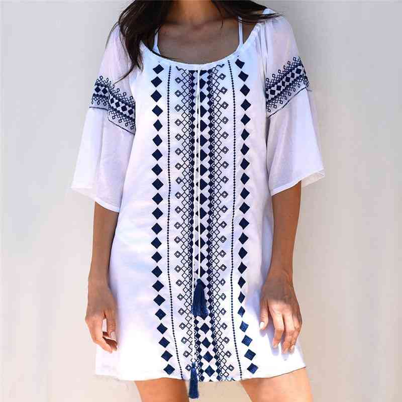Print Tunic Beach dress Saida de Praia Cotton Cover up Pareos Playa Mujer Bikini Swimsuit cover #Q753 210420