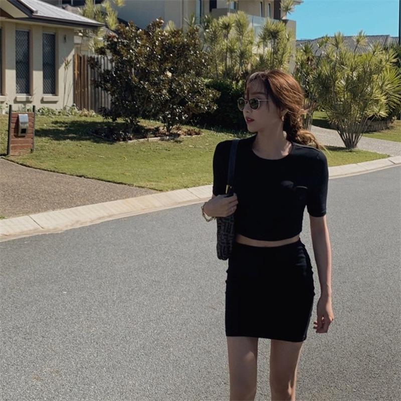 Summer Women Set Sexy Knitted Black Short Sleeve O-Neck Tops Female Fashion Two Piece Mini Casual Slim Korean Dress