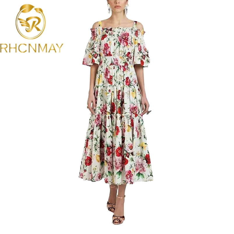 est Summer Holiday Dress Runway Women's Rose Print Spaghetti Strap Sexy Slash Neck Elastic Waist Long Dresses 210506