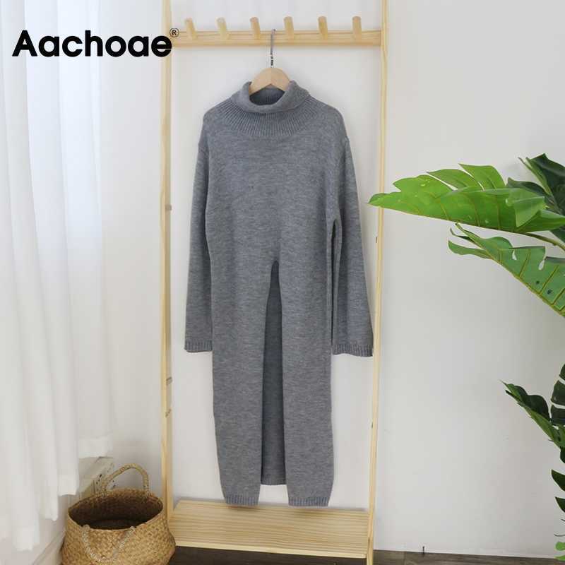 Aachoae Fashion Knitted Turtleneck Long Sweater Women Front Split Office Solid Pullover Autumn Winter Elegant Jumper Sweaters 210914