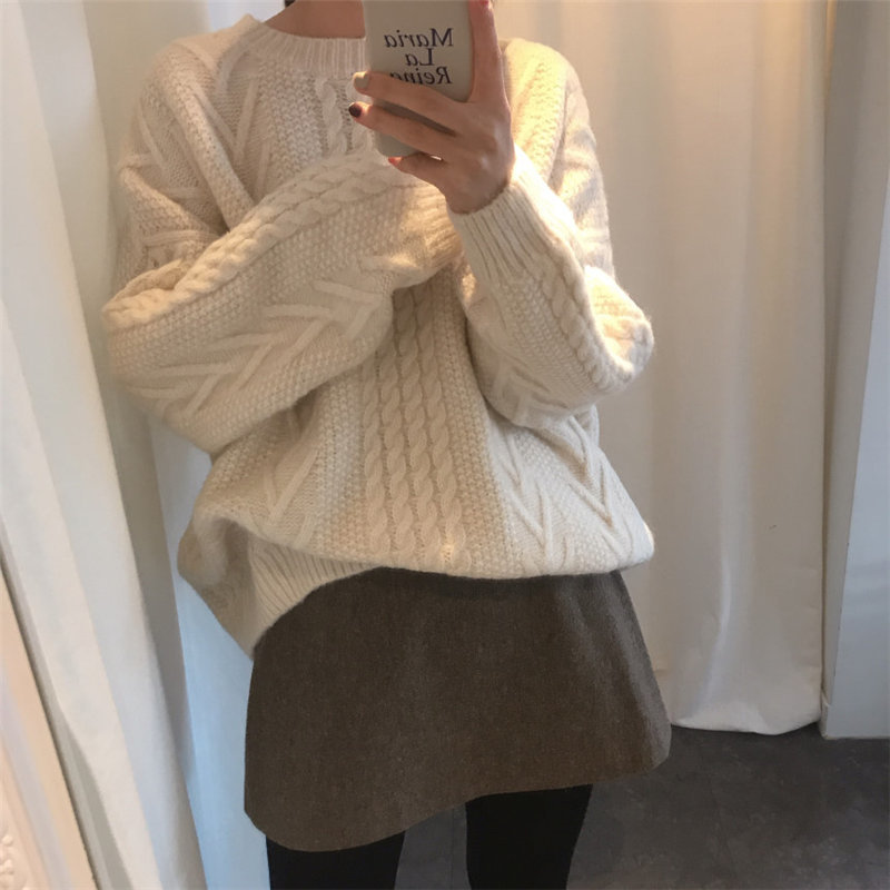 Sweet Beige Women Thicken Lazy Style Warm Large Size Fresh Casual All-Match Loose Basic Pullovers Knitted Sweaters 210421
