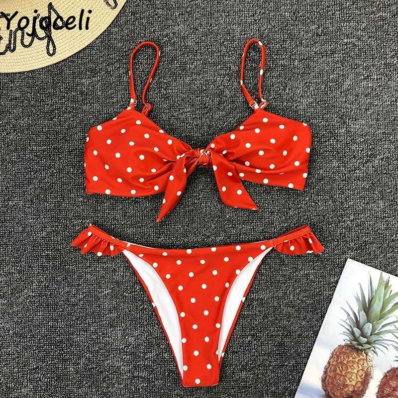 Yojoceli Elegant ruffle polka dot sexy tankini Summer women swimwear bikini Beach casual swimsuit female 210609