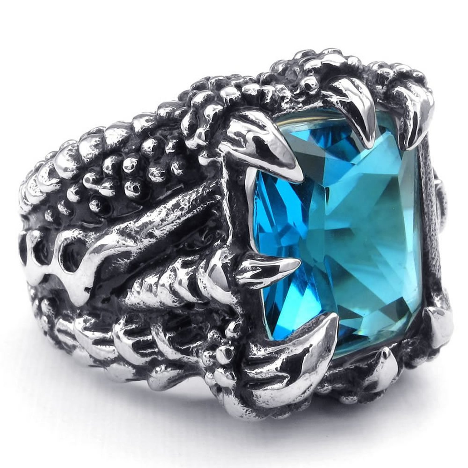 Vintage Men Stainless Steel Solitaire Ring Dragon Claw Square CZ Cubic Zirconia Band Biker Gothic