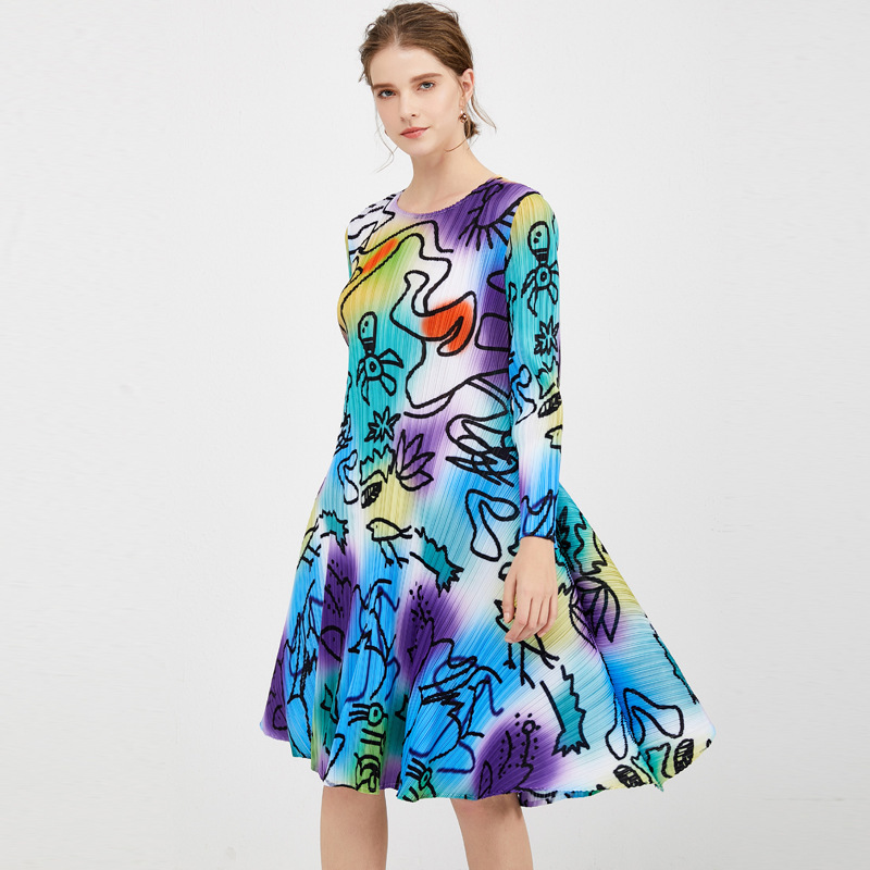 VKBN Summer Dress Long Sleeve Printing Elastic Elegant Dress Fold Abstract Creative O Neck Vestidos De Fiesta 210507