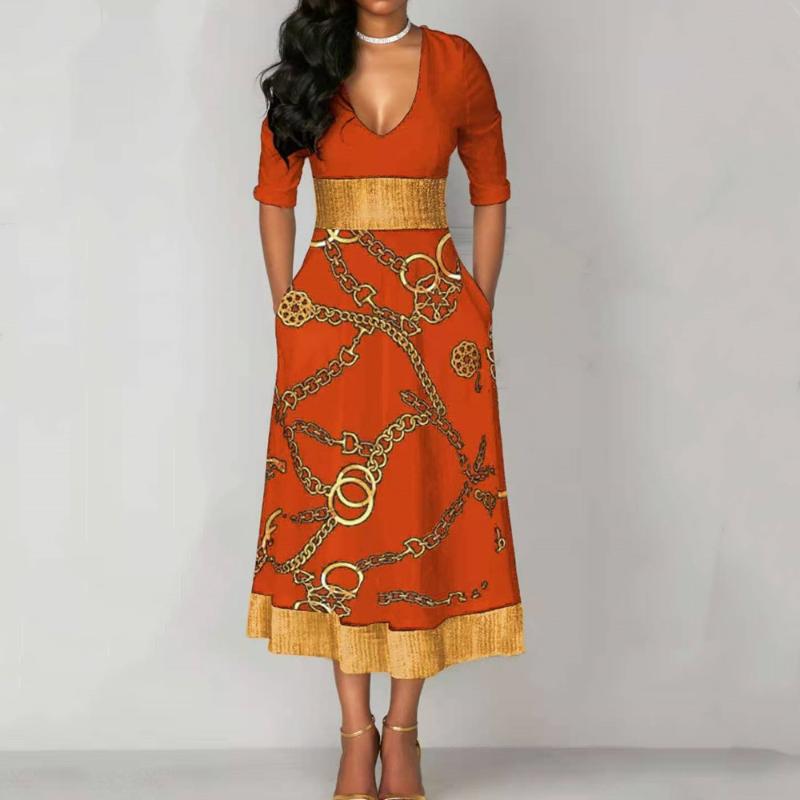 Casual Dresses 2021 Autumn Winter Women Maxi Dress V Neck Long Sleeve Chain Print Gold Waist Elegant Tunic Party With Pocket Fall Robe, Green
Casual Dresses 2021 Autumn Winter Women Maxi Dress V Neck Long Sleeve Chain Print Gold Waist Elegant Tunic Party With Pocket Fall Robe, Green