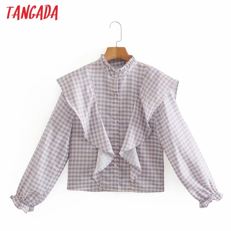 Women Retro Plaid Print Ruffles Crop Long Sleeve Chic Female Short Blouse Shirt Tops XN316 210416