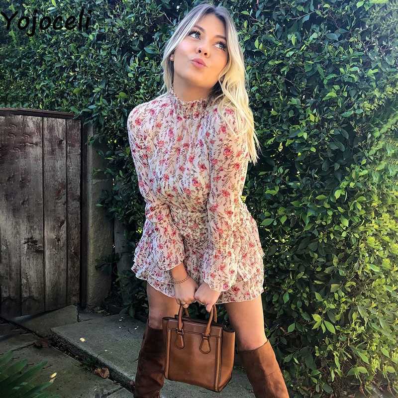 Yojoceli Elegant ruffle print short dres Autumn shirred leopard mini vestidos Casual cool sexy beach daily 210609