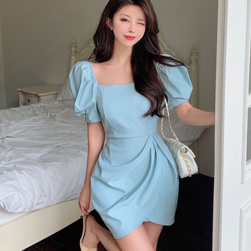 Summer Puff Sleeve Party Dress Women Solid Color Square Collar Bodycon Sexy Slim Waist Office OL Ruched Mini Dresses 210518