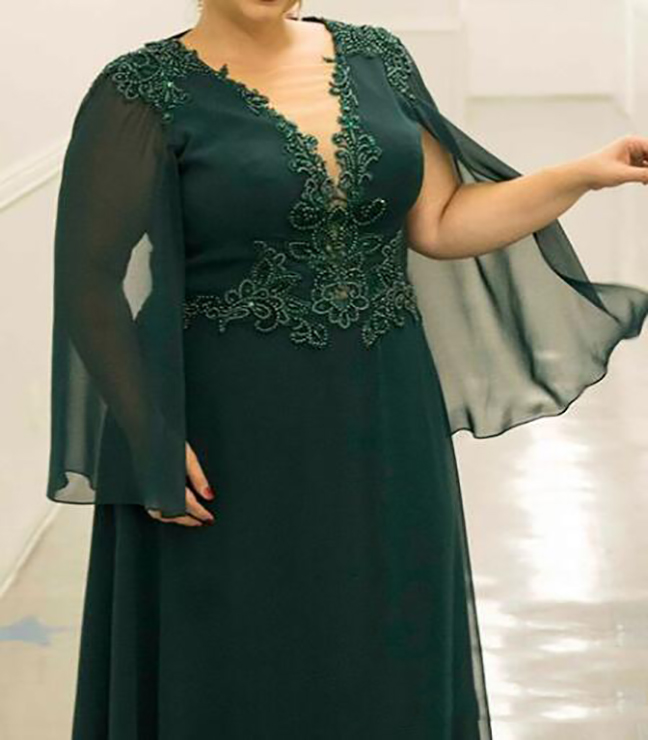 Plus Size Mother of the Bride Dress Dark Green Long Sleeve Beading Chiffon Floor Length Wedding Party Guest Formal Evening Gowns