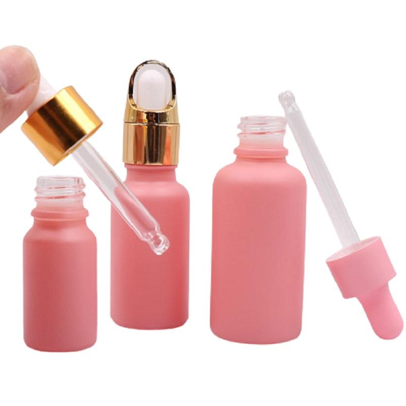 15pcs 10ml 20ml 30ml Pink Matte Frost Glass Cosmetic Serum Packging Refillable Gold Pipette Dropper Essential Oil Vials Bottles Storage & Ja