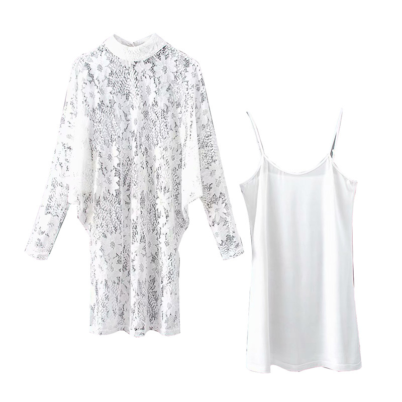 Women Lace White Dress Batwing Sleeve Two Pieces Set Mini Elegant Stand Neck Hollow Out Ladies Party es 210508