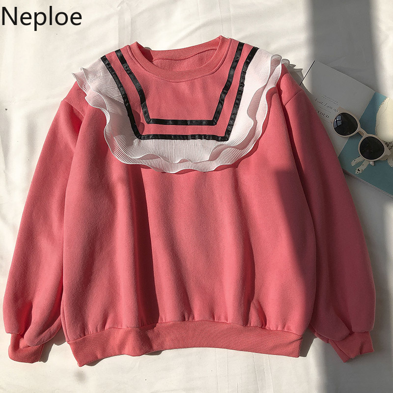 Neploe Sweet Ruffles Hoodies Women O-neck Long Sleeve Outwear Korean Fashion Loose Thicked Sweatshirt Coat Female 4G585 210422