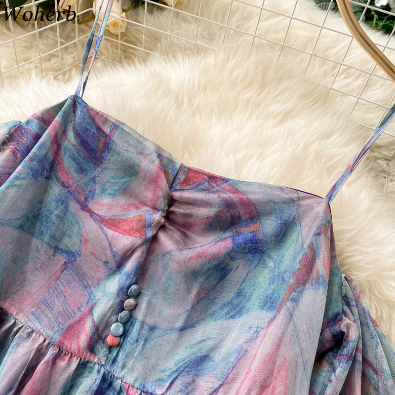 Tie Dye Dresses Women Korean Fashion Sweet Vestidos Feminino Off Shoulder Spaghetti High Waist Summer Mini Dress Robe 210519