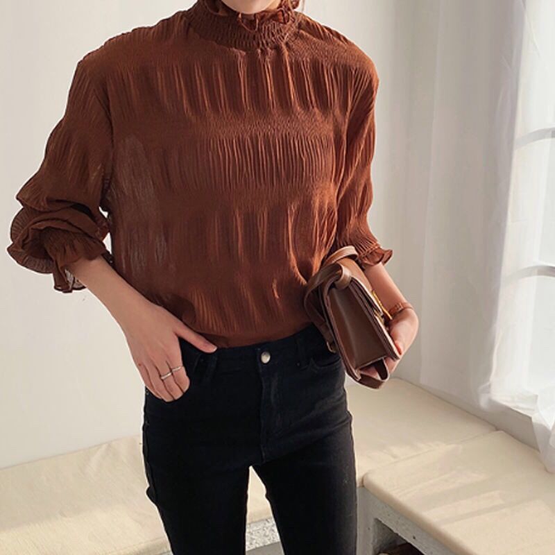 Women Chiffon Shirts Autumn Winter Half Turtleneck Long Sleeve Korean Pleated Bottoming Blouses Ladies Loose Thin Tops Plus Size 210522