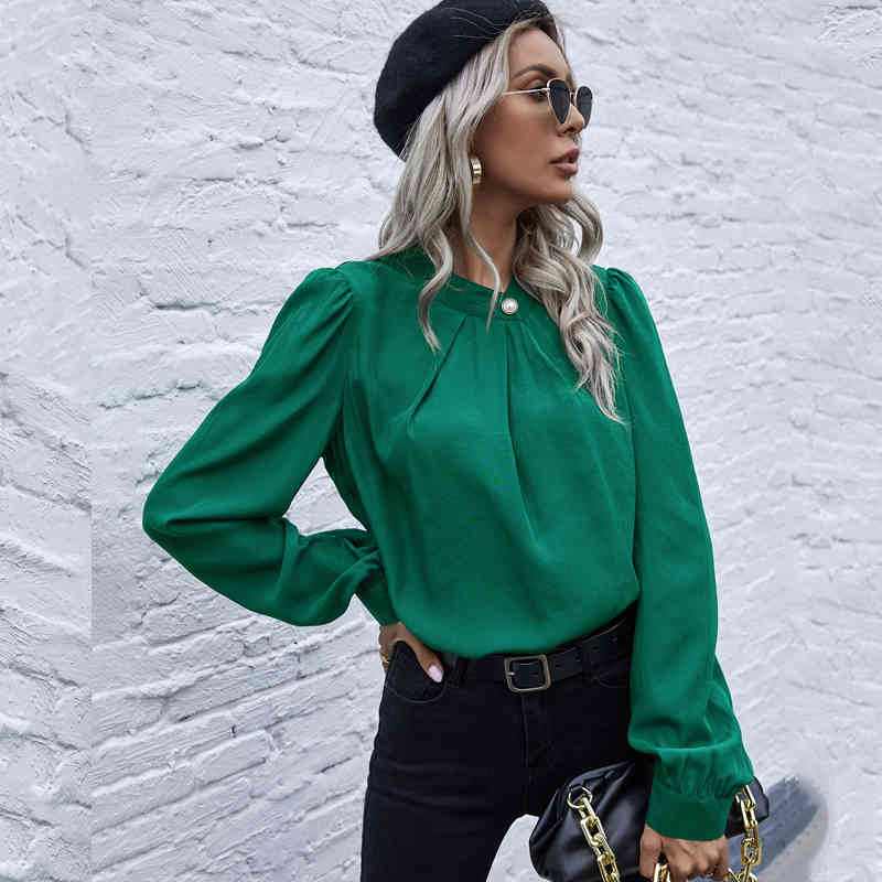 Fashion loose elegant pearl button shirt tops for women autumn and summer womens clothes Solid blouse Office Lady s 210508