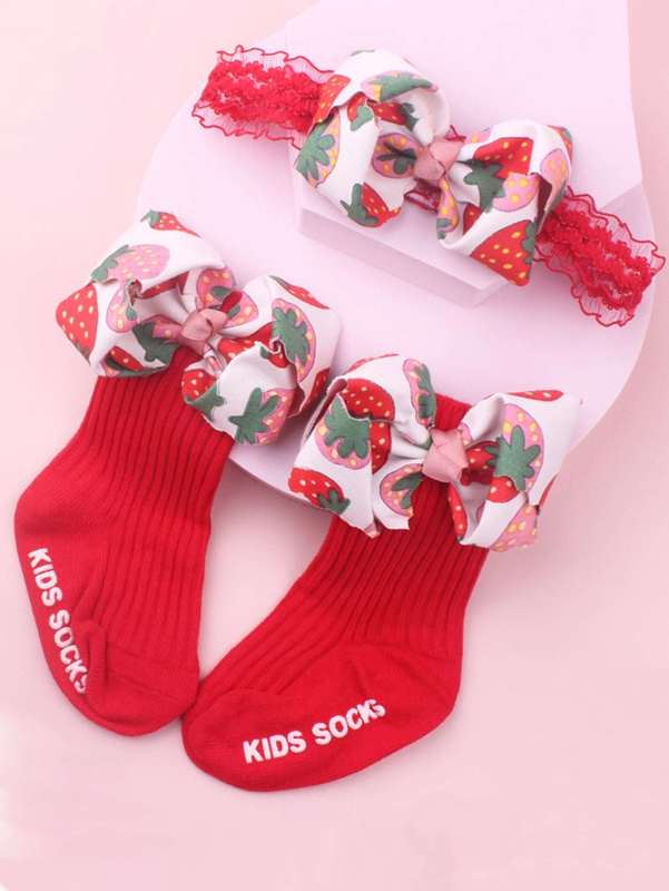 Baby Flower Pattern Bow Decor Hair Band & Socks SHE