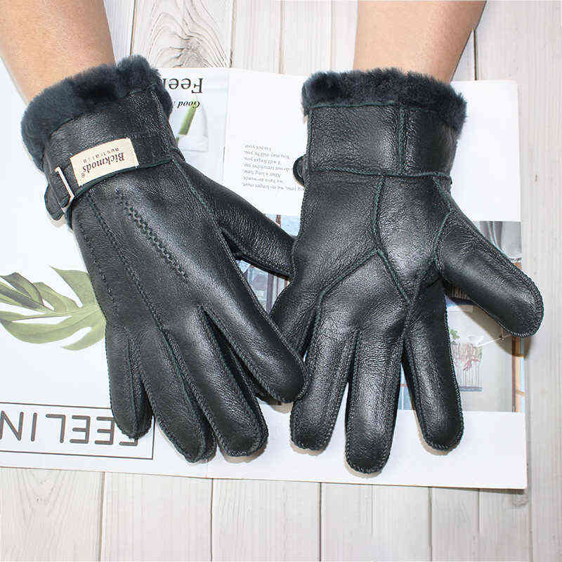 Sheepskin Fur Gloves Men's Thick Winter Warm Large Size Outdoor Windproof Cold Hand Stitching Sewn Leather Finger Gloves 211224