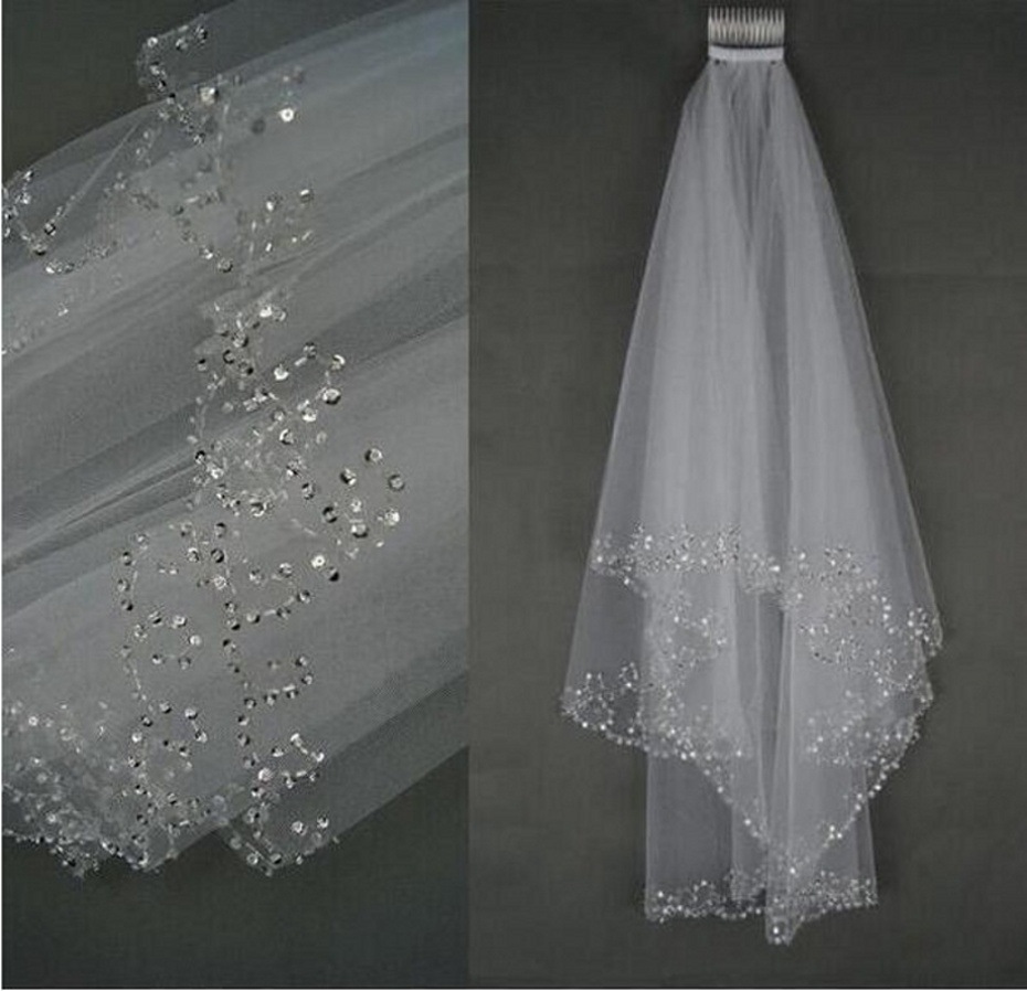 Wedding Veils Short Bridal Veil 2 Layer Handmade Crystal Beaded Elbow Length Accessories White Ivory Bridal Veils