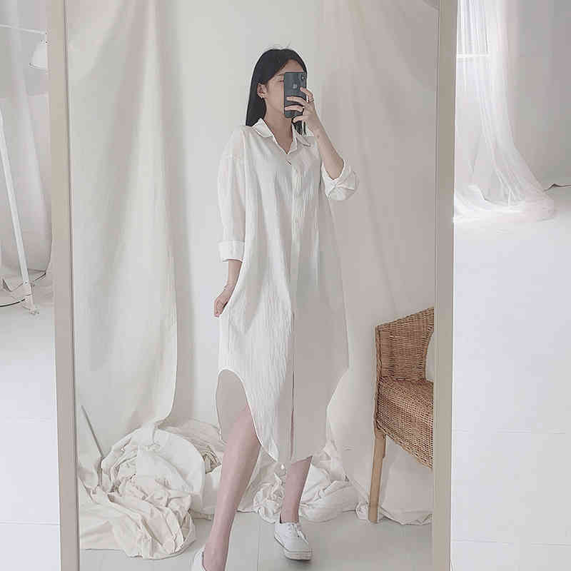 Korean Clothes Summer Wild Loose Plus Size BF Style Mid-Length Over The Knee Women's Shirt Lazy Solid Color 9654 210518