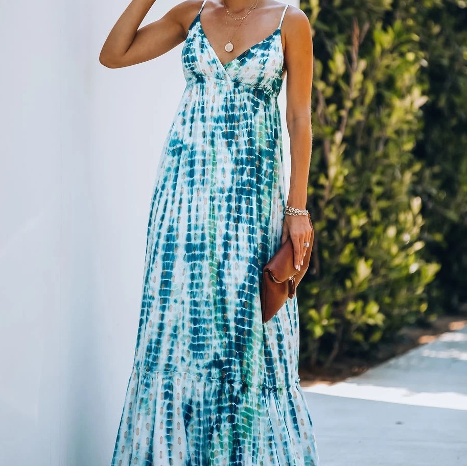 Green Bohemian Tie-dyed Bikini Cover-ups Sexy Spaghetti Strap Summer Beach Dress Cotton Tunic Women Swimsuit Cover Up A453 210420