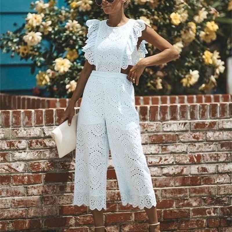 Women Jumpsuit O Neck Sleeveless Rompers Womens Hollow Out Wide Leg Loose Casual Summer White s 210513