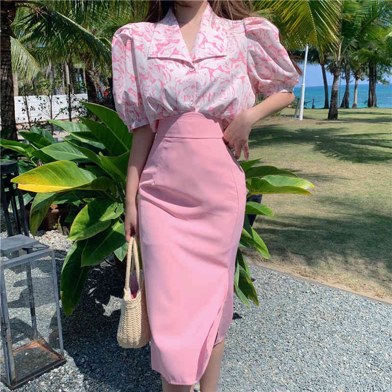 Summer Women Casual Two Piece Set Sweet Flowers Puff Sleeve Chiffon Shirt Top + High Wiast Bodycon Pencil Skirt Ladies 210518