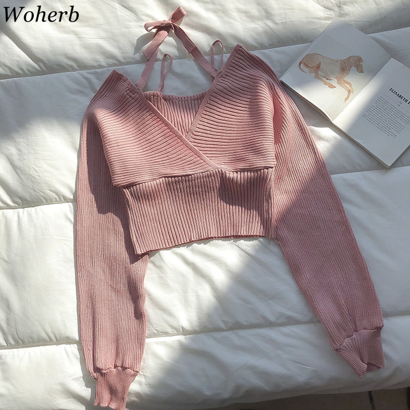 Woman Sweaters Chic Korean Crop Tops Sexy Lady Knitted Cropped Pullovers V-neck Lace Up Jumper Slim Fit Sueter Coat 4G625 210519