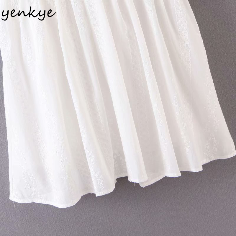 YENKYE Summer Dress Sweet Women Sexy Lace Trims White Dress Female Peter Pan Collar Short Sleeve Sashes A-line Mini Vestido 210515