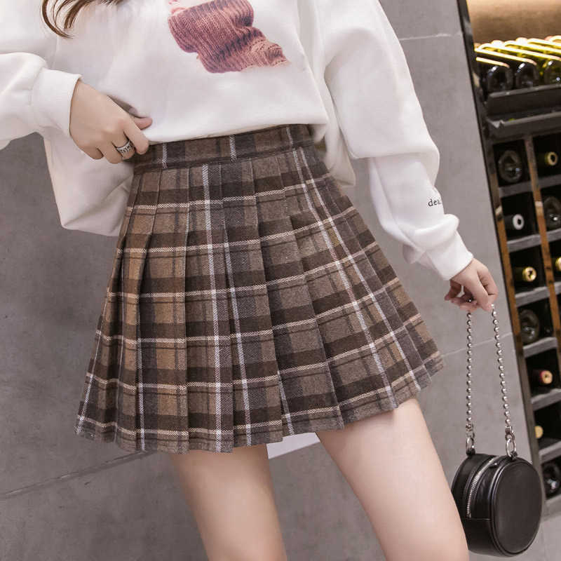 Women's Plaid Pleated Woolen A-line Mini Skirt High Waist With Lining Female Short Skirts Winter Autumn Girls Preppy Style 210619